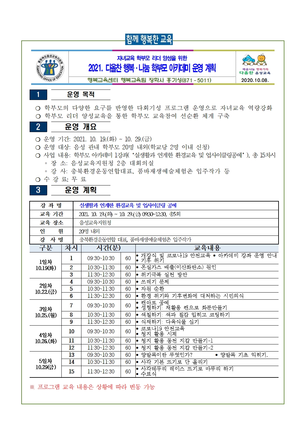 붙임1. (안내)2021. 다올찬 행복·나눔 학부모 아카데미 운영 계획(요약)001